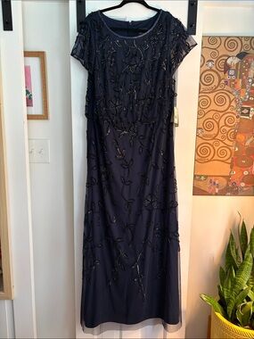 Adrianna Papell Navy Beaded Floral Maxi Dress